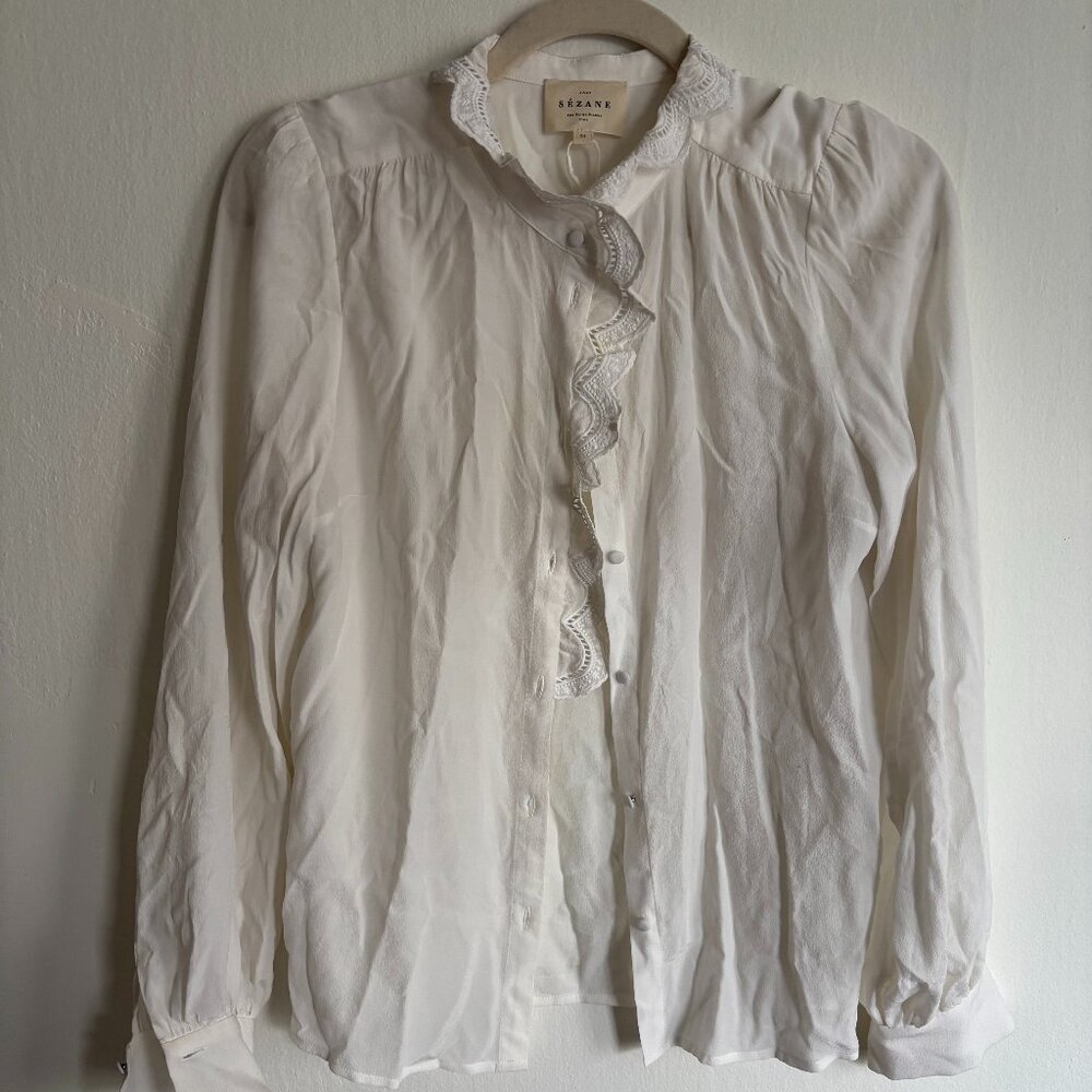 Sezane White Silk Button Up Ruffle Trim Top